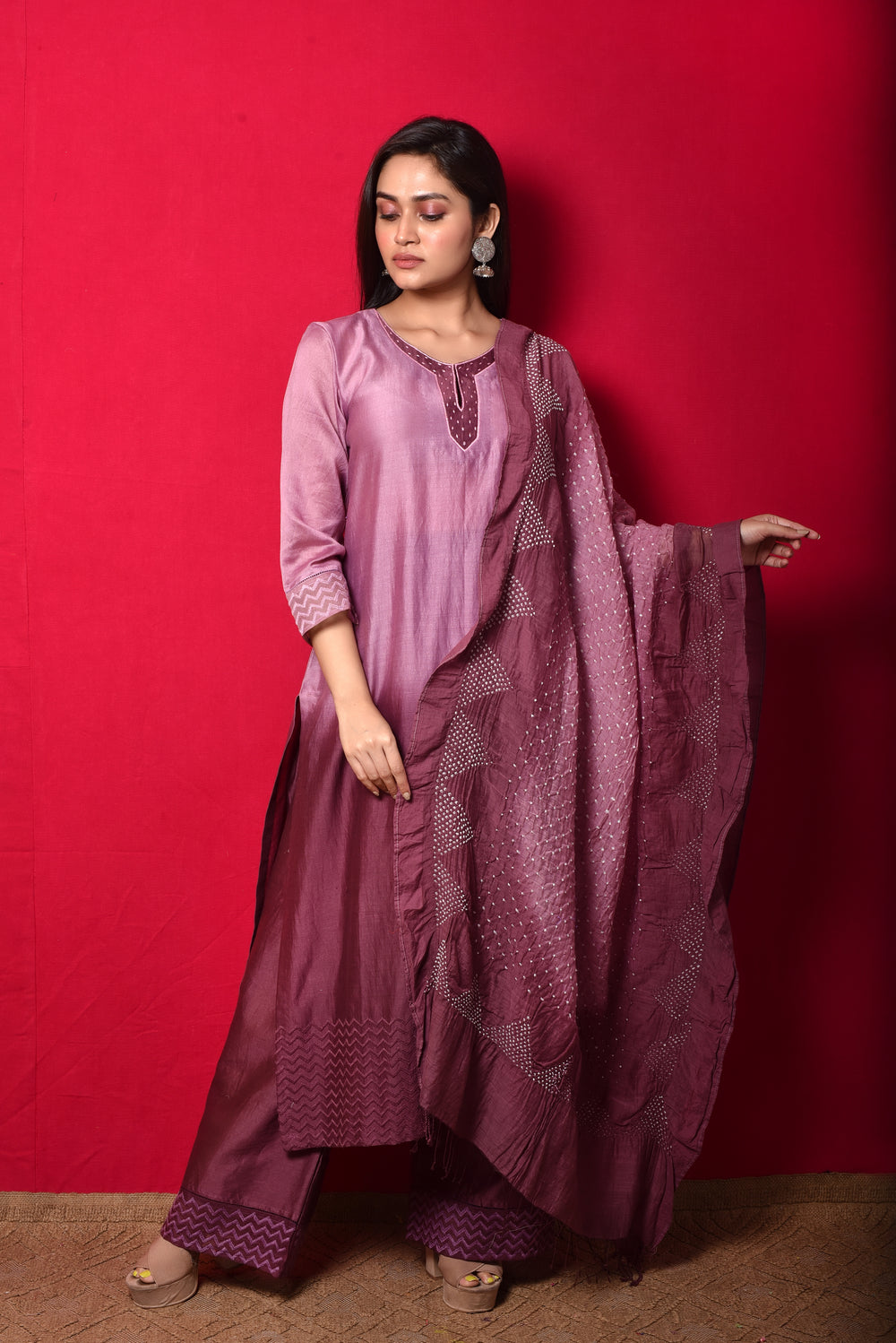 Chanderi Suit Set with Cotton Bandhani Dupatta - Wine