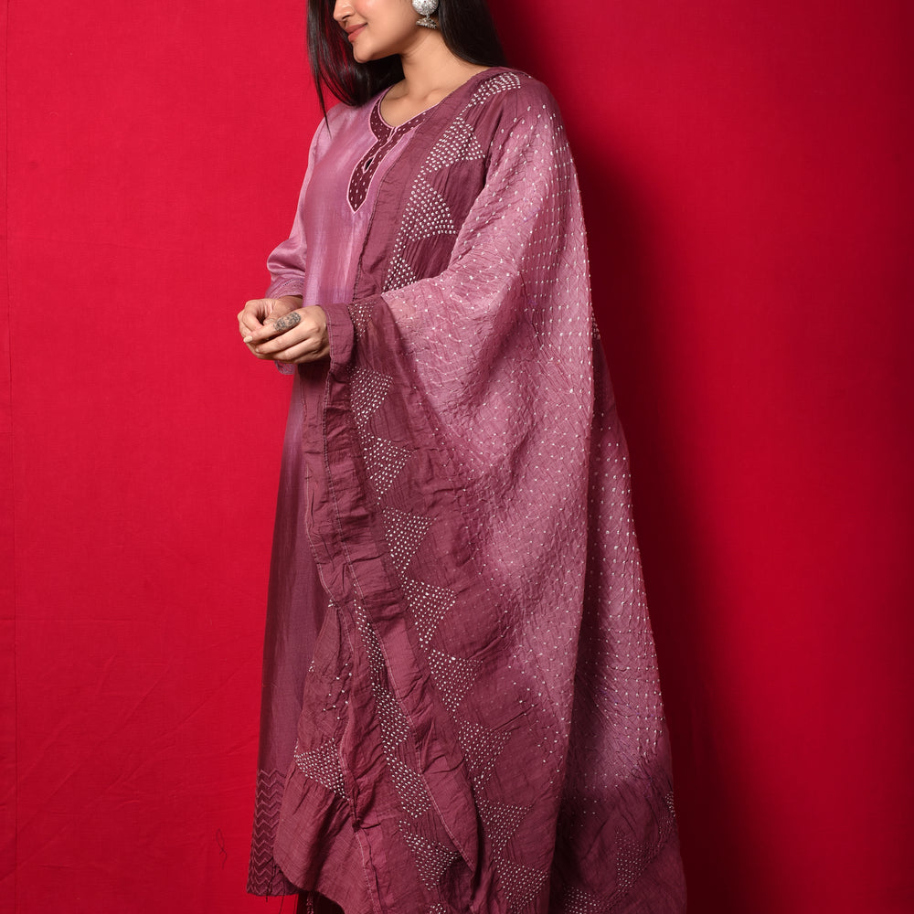 Chanderi Suit Set with Cotton Bandhani Dupatta - Wine