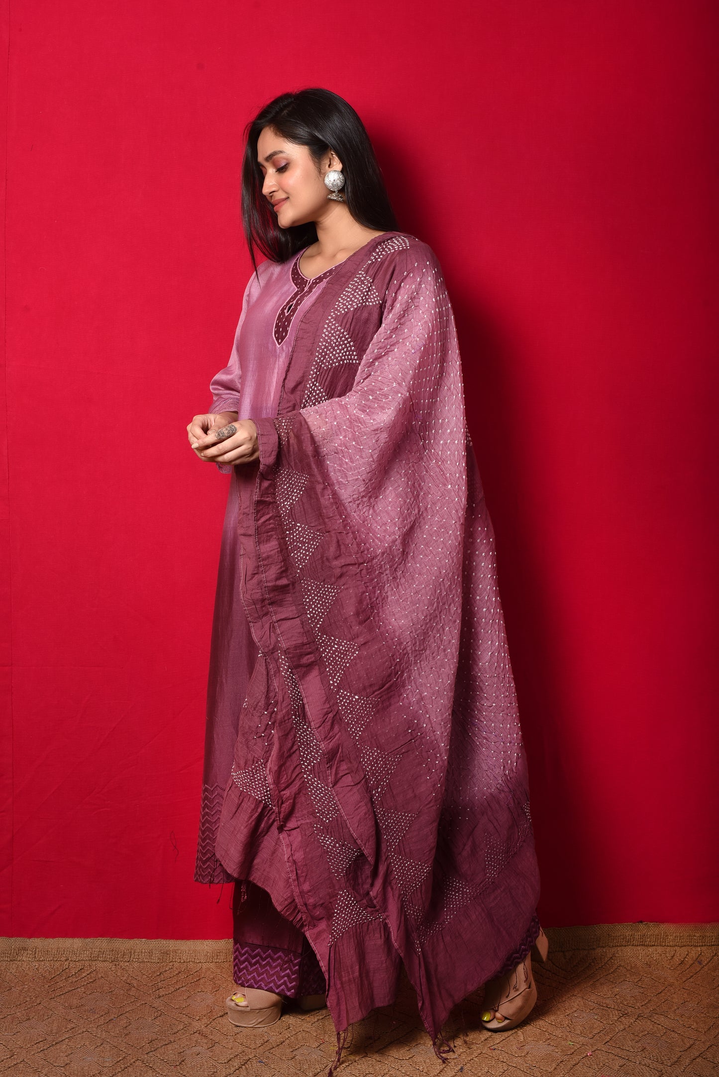 Chanderi Suit Set with Cotton Bandhani Dupatta - Wine