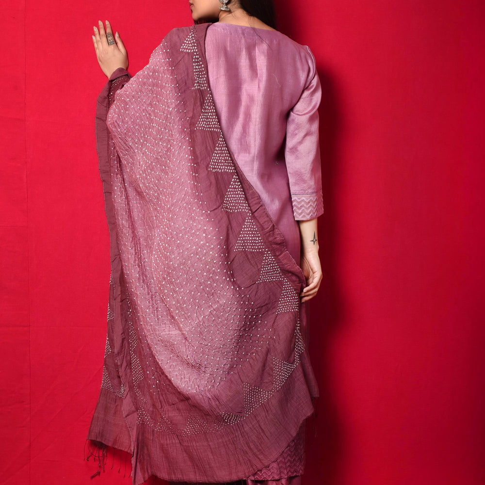 
                      
                        Chanderi Suit Set with Cotton Bandhani Dupatta - Wine
                      
                    