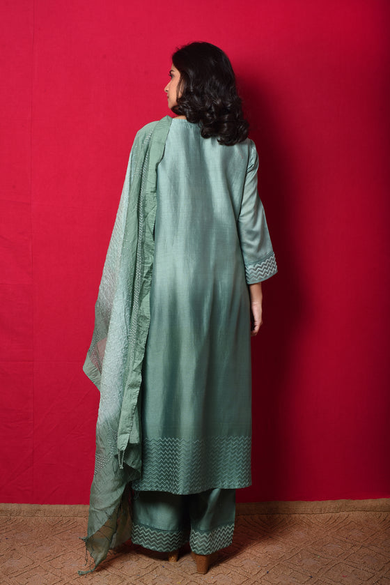 Chanderi Suit Set with Cotton Bandhani Dupatta - Green