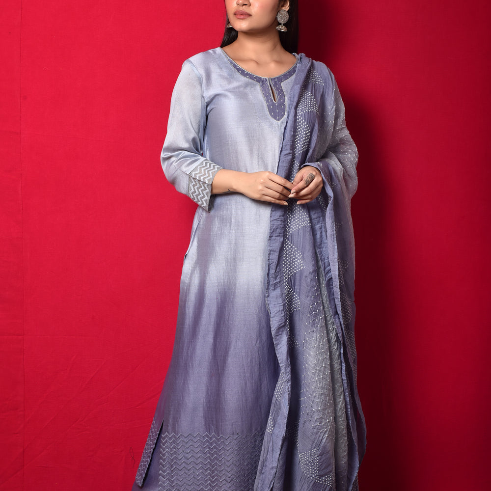 
                      
                        Chanderi Suit Set with Cotton Bandhani Dupatta - Mouve
                      
                    