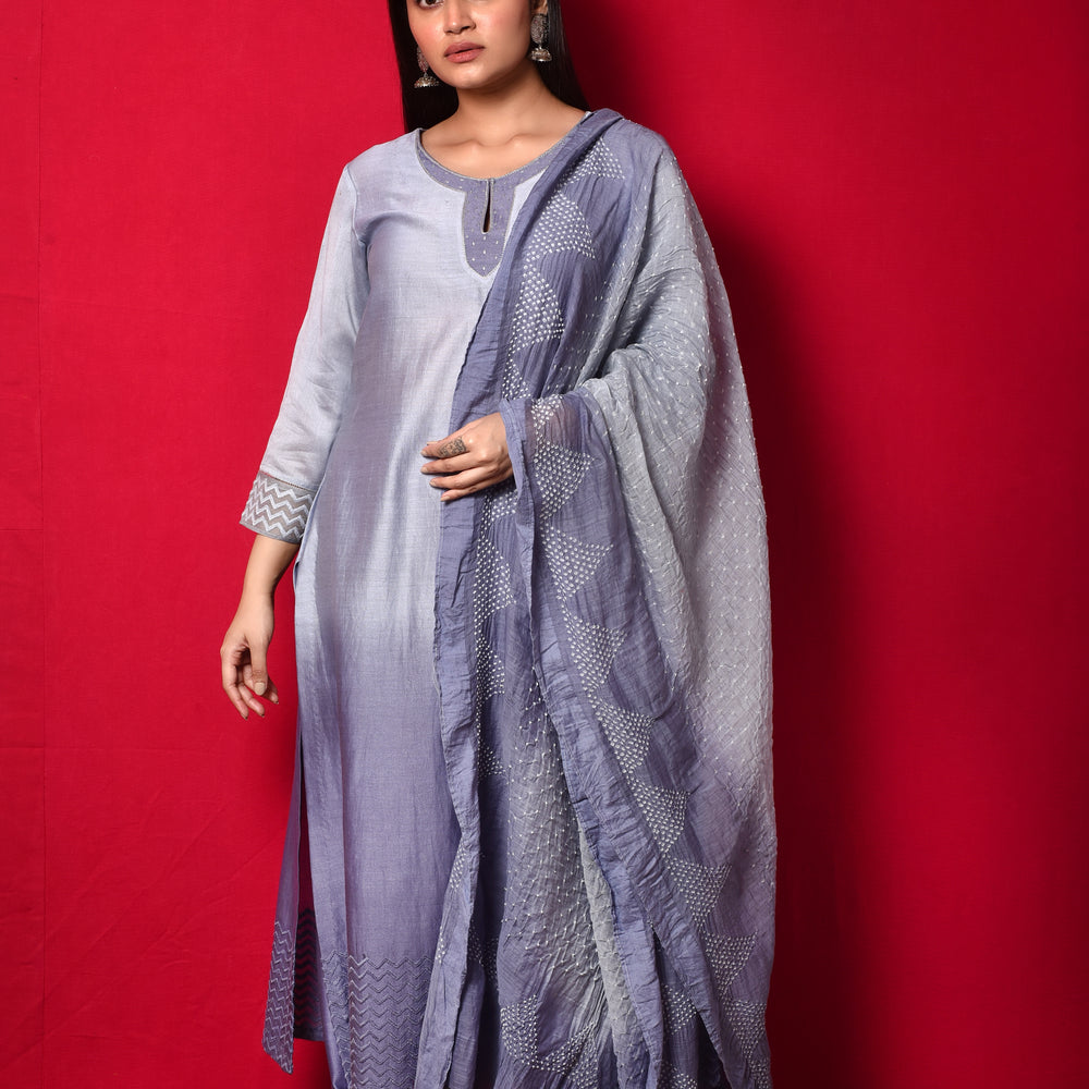 Chanderi Suit Set with Cotton Bandhani Dupatta - Mouve