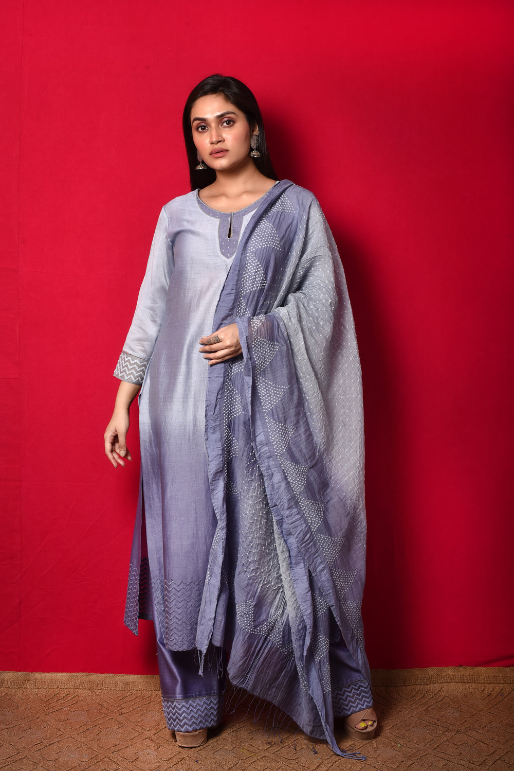 Chanderi Suit Set with Cotton Bandhani Dupatta - Mouve