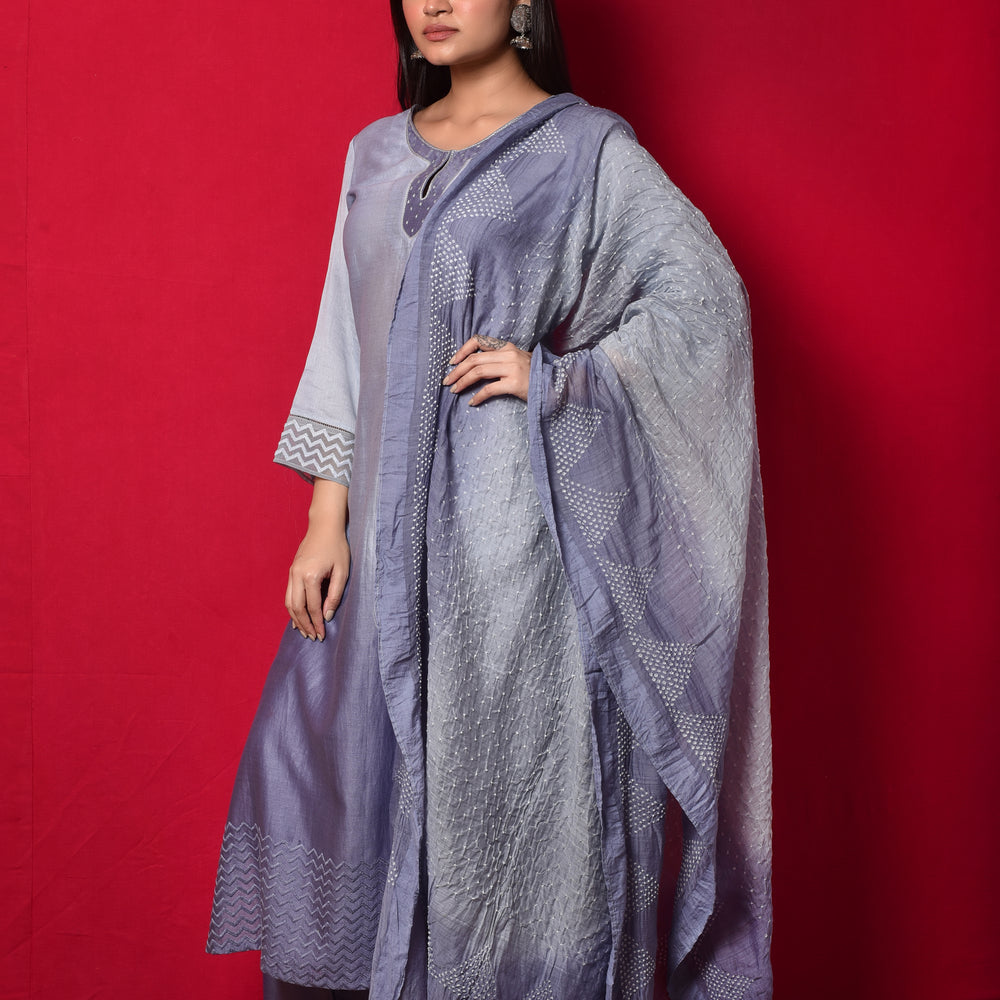 
                      
                        Chanderi Suit Set with Cotton Bandhani Dupatta - Mouve
                      
                    