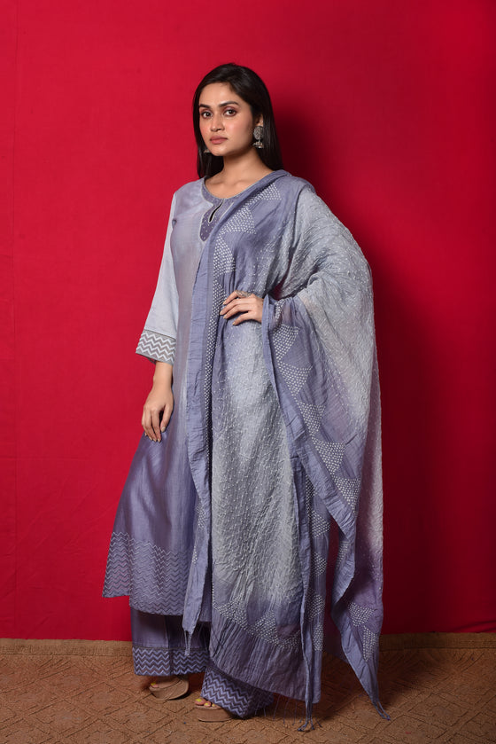 Chanderi Suit Set with Cotton Bandhani Dupatta - Mouve