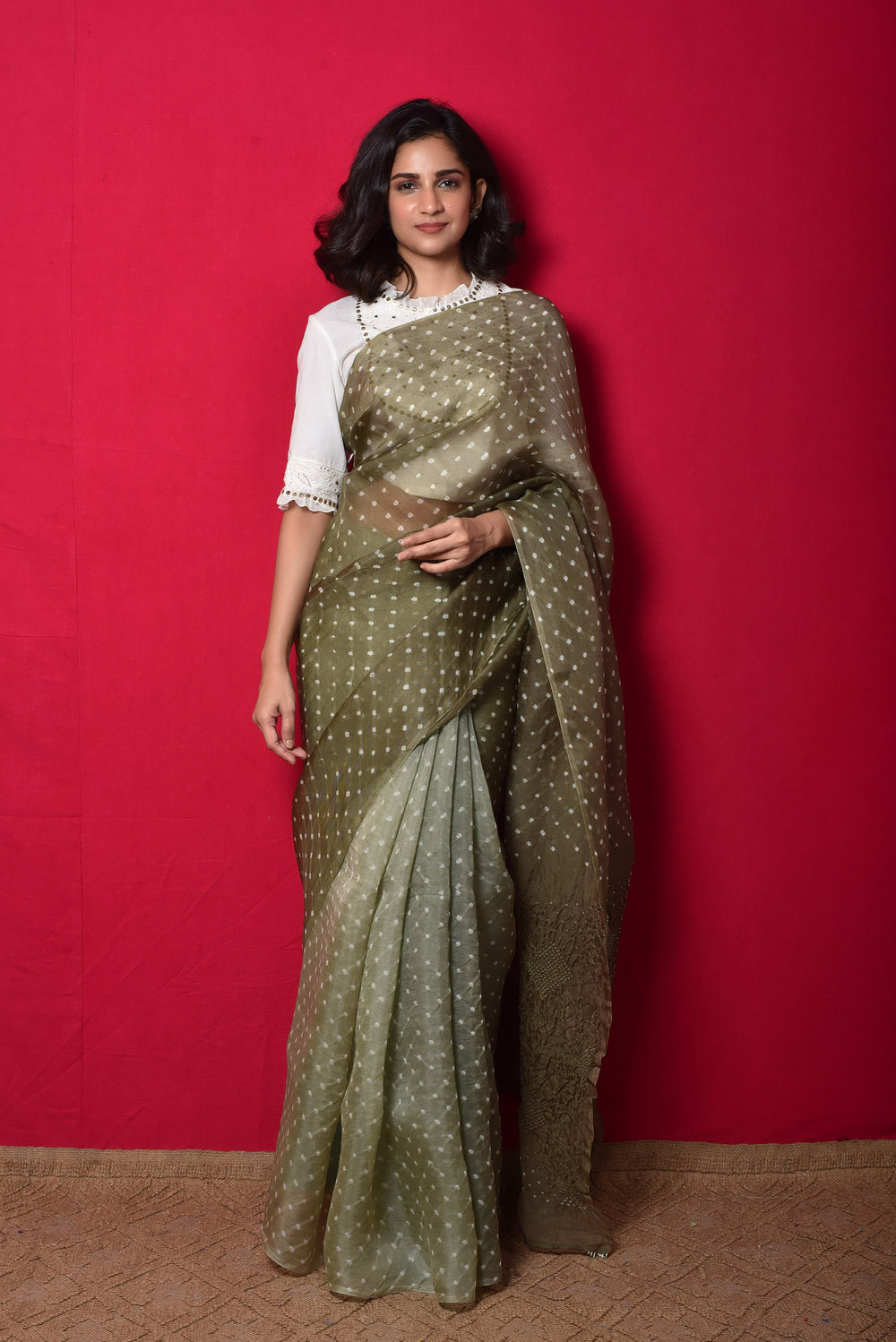 Bandhani on Organza Saree with Pattern on Pallu - Dull Green