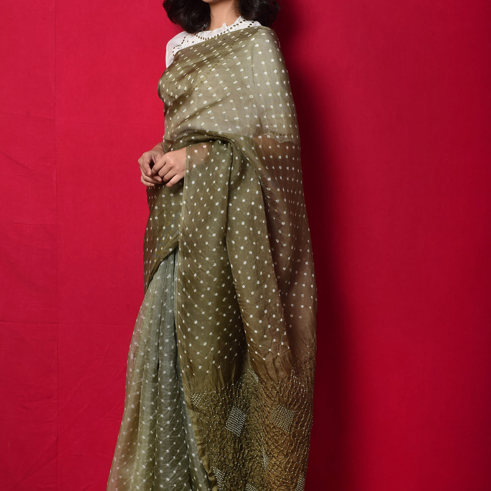 Bandhani on Organza Saree with Pattern on Pallu - Dull Green