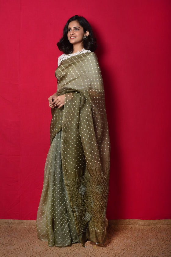 Bandhani on Organza Saree with Pattern on Pallu - Dull Green