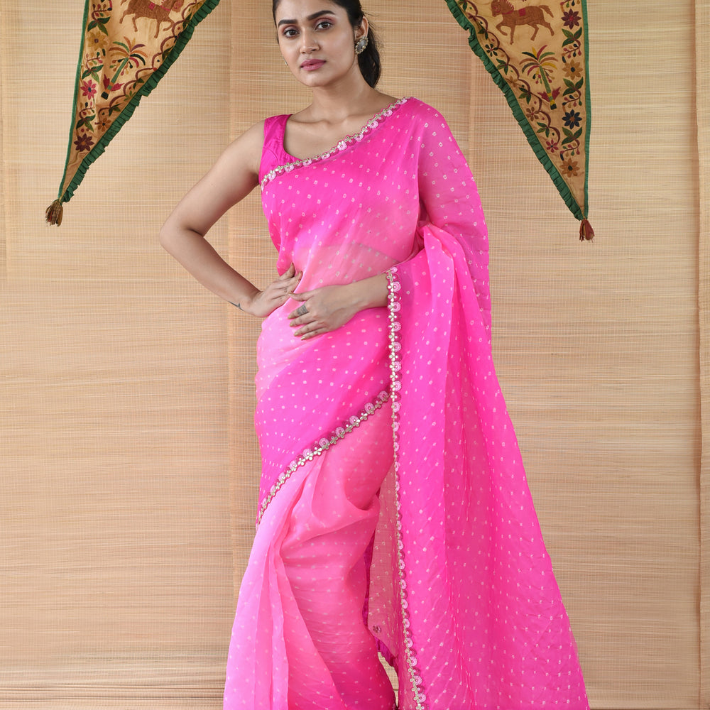 Pink Shaded Bandhani on Organza Saree with Gota Patti