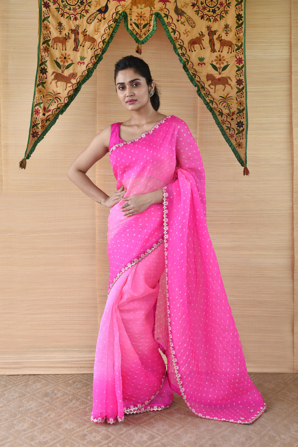 Pink Shaded Bandhani on Organza Saree with Gota Patti