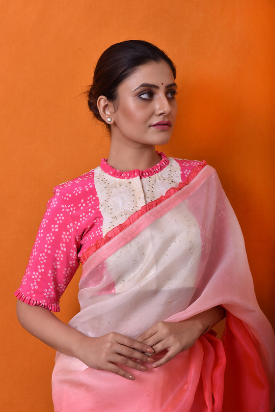 Shaded Organza Saree in Fluorescent Pink & White