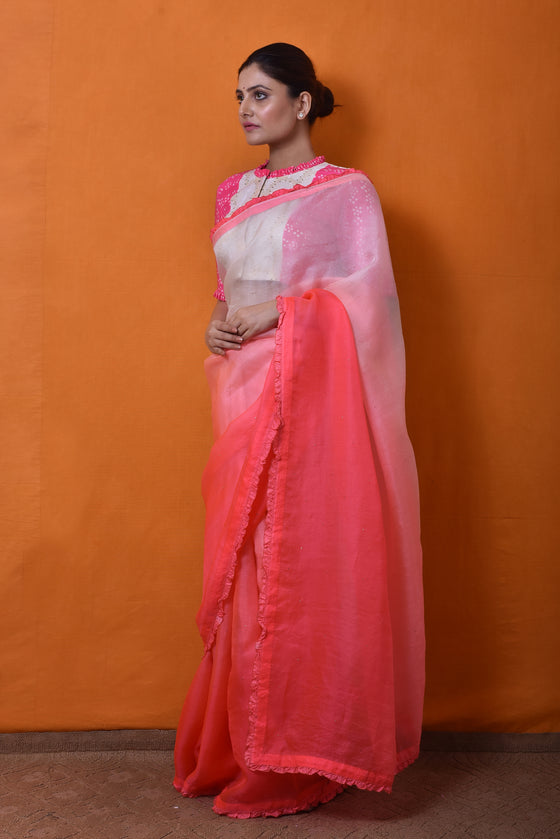 Shaded Organza Saree in Fluorescent Pink & White