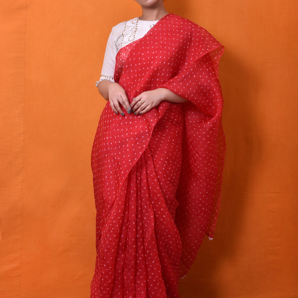 Bandhani on Pure Organza Saree in Red