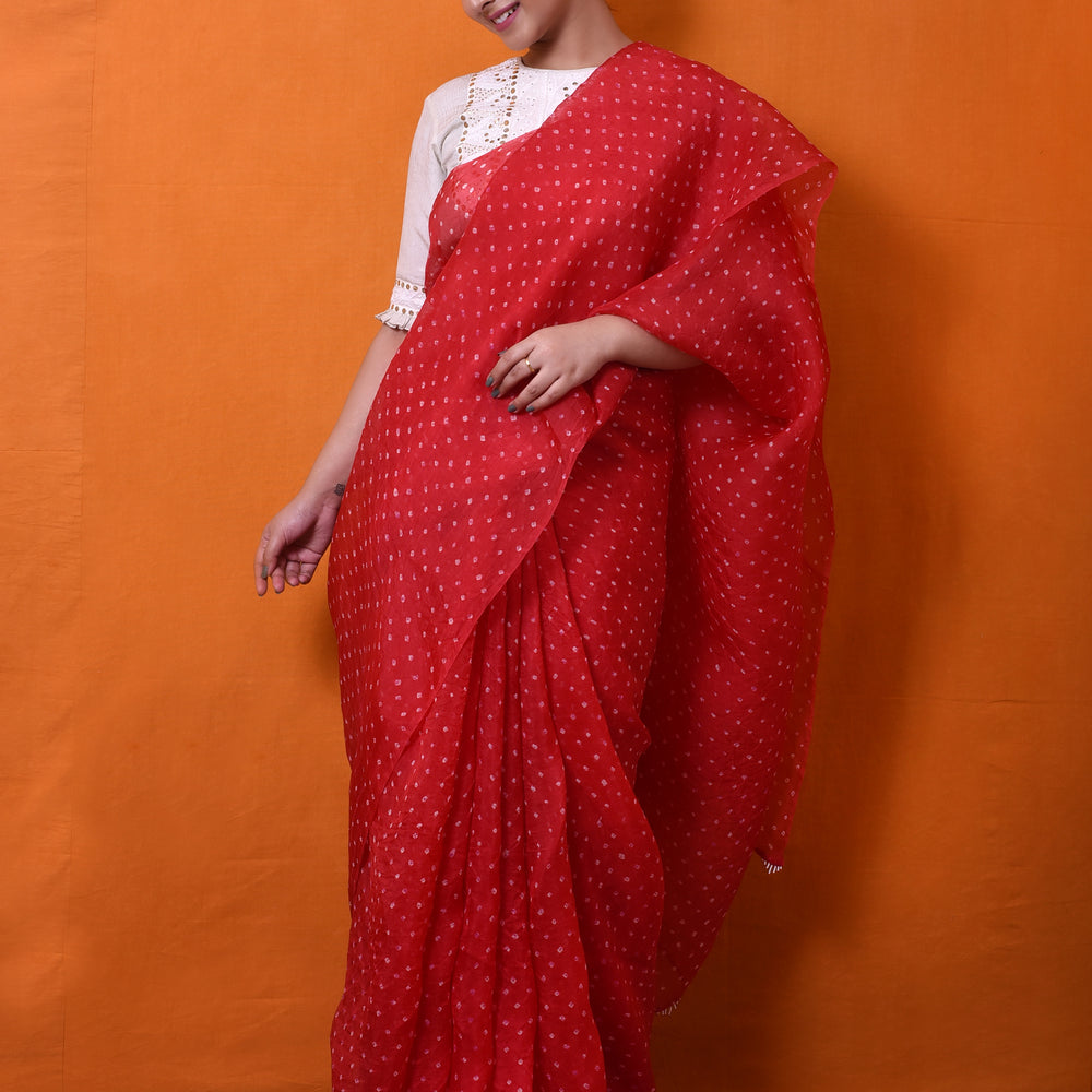 Bandhani on Pure Organza Saree in Red