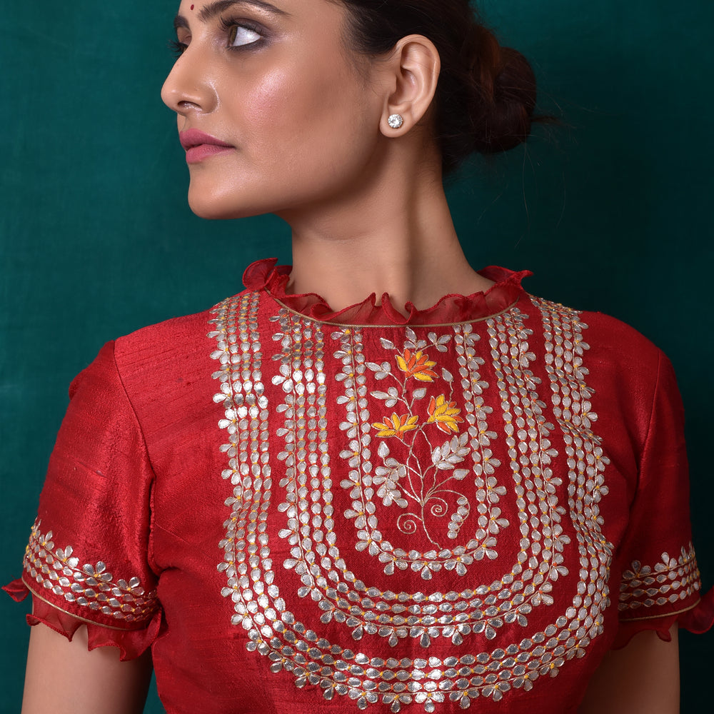 Gota Patti Embroidered Yoke Blouse in Deep Red