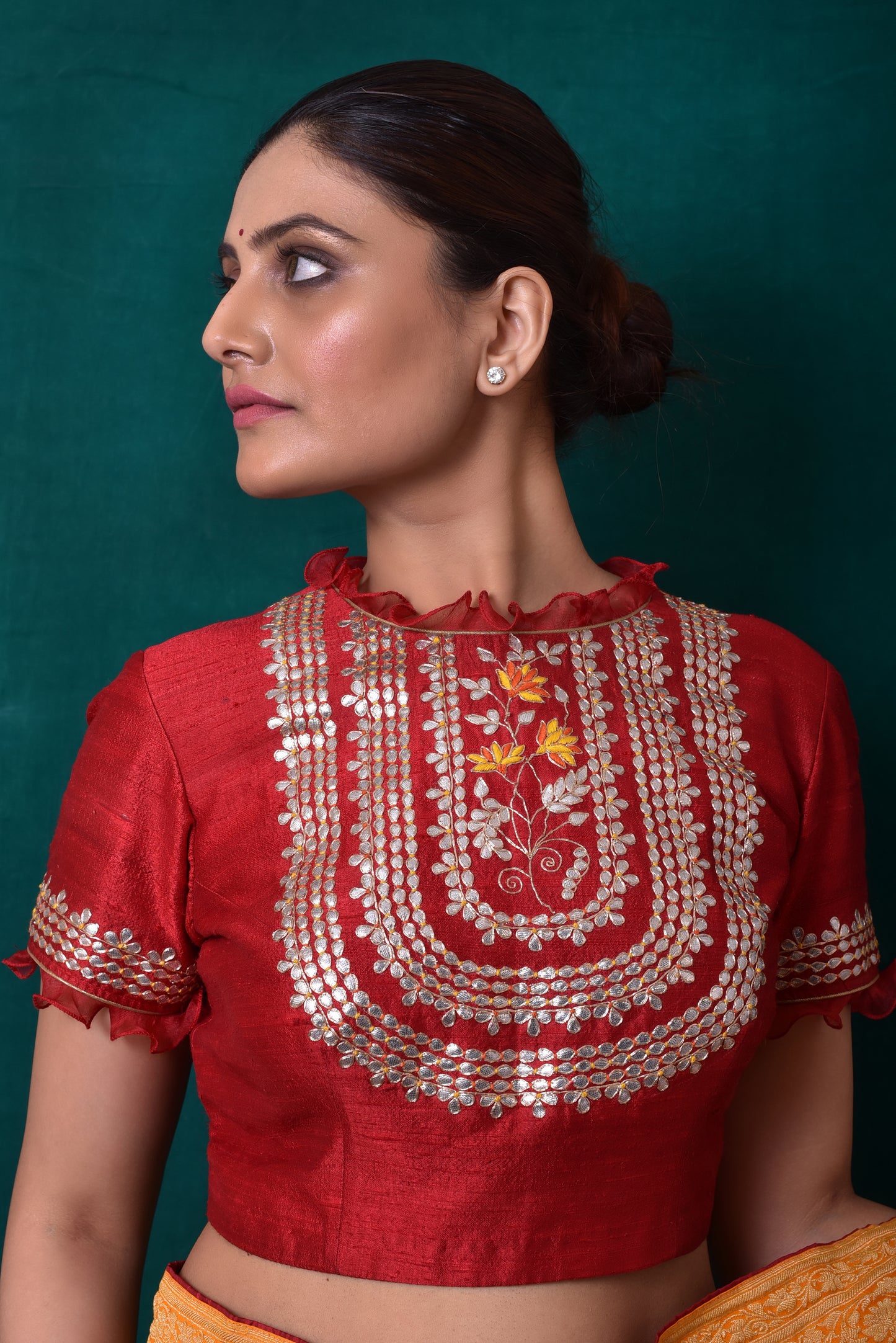 Gota Patti Embroidered Yoke Blouse in Deep Red