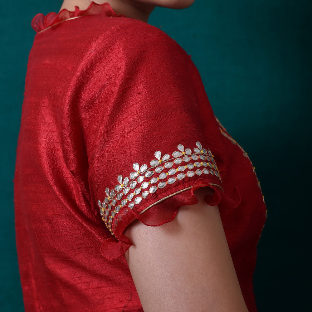 Gota Patti Embroidered Yoke Blouse in Deep Red