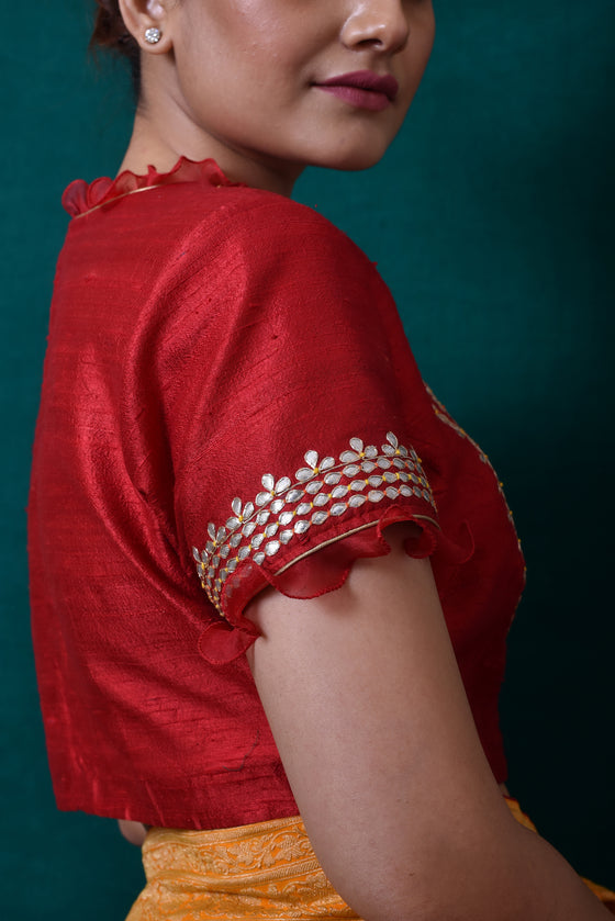 Gota Patti Embroidered Yoke Blouse in Deep Red