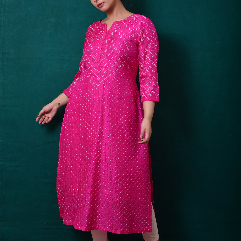 Bandhani on Pure Silk Kurta in Hot Pink