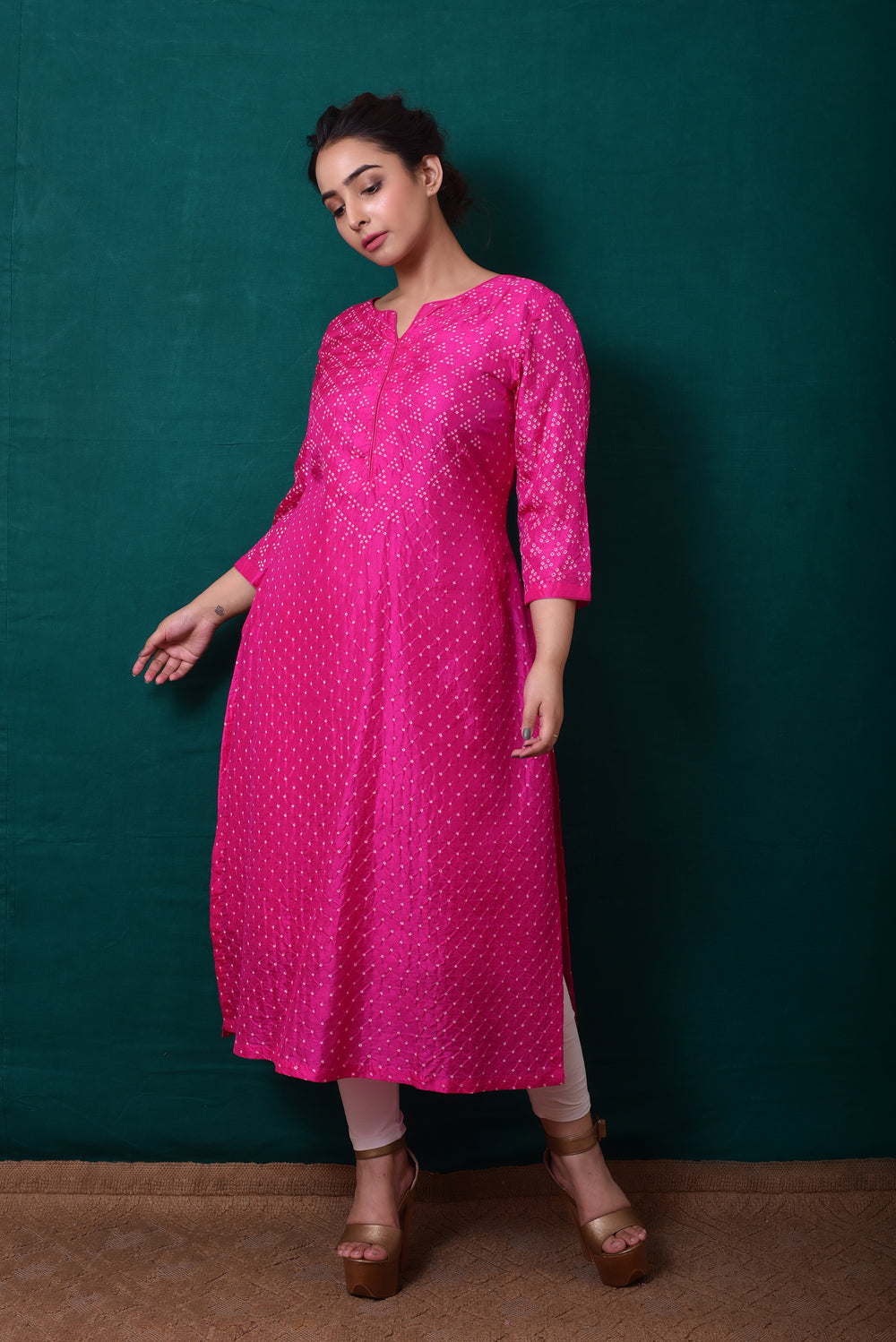 Bandhani on Pure Silk Kurta in Hot Pink