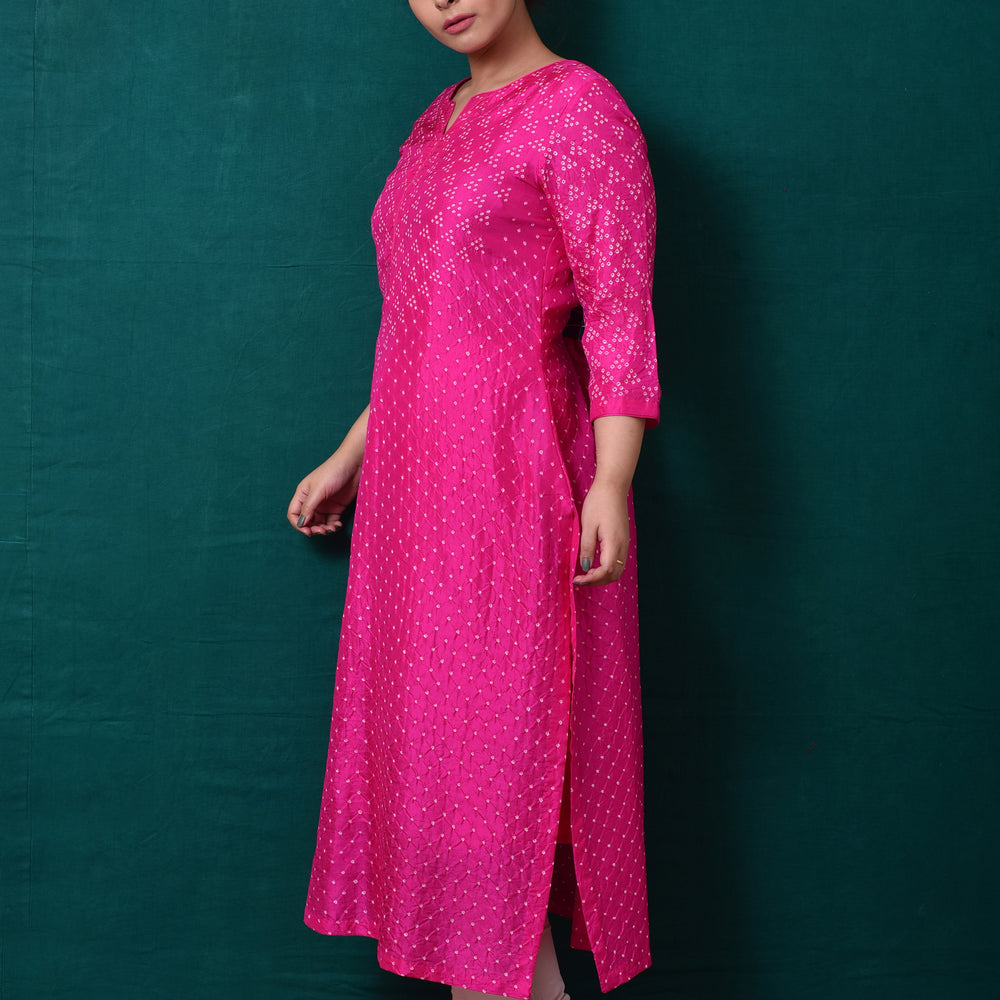 
                      
                        Bandhani on Pure Silk Kurta in Hot Pink
                      
                    