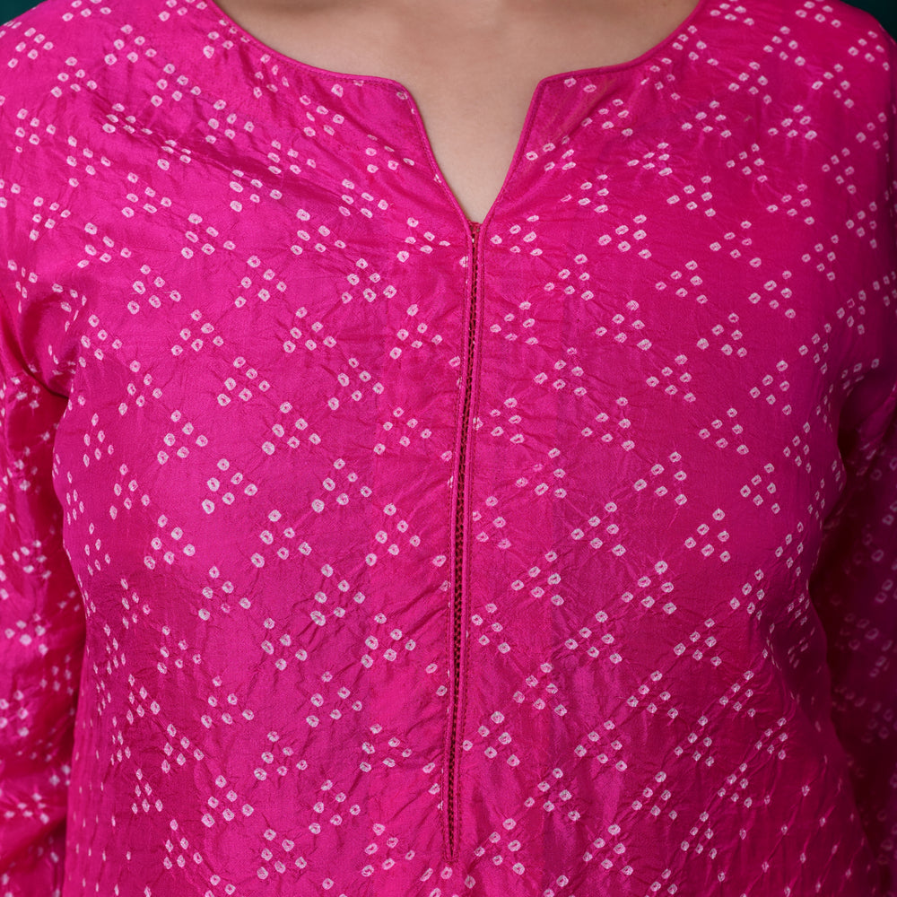 
                      
                        Bandhani on Pure Silk Kurta in Hot Pink
                      
                    