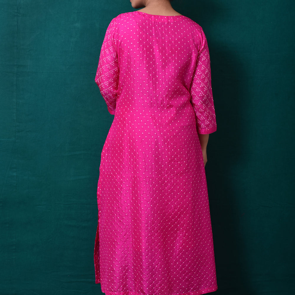 
                      
                        Bandhani on Pure Silk Kurta in Hot Pink
                      
                    