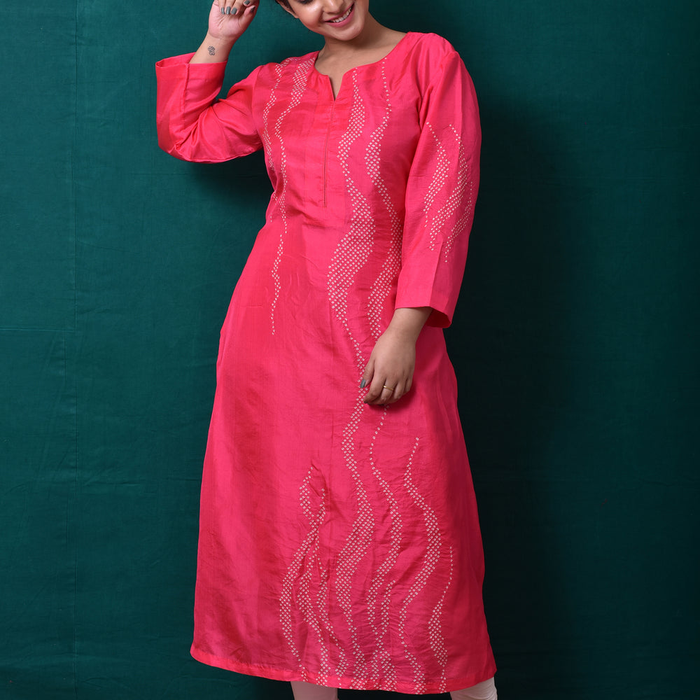 
                      
                        Waves Design Bandhani Kurta on Pure Silk in Pink
                      
                    