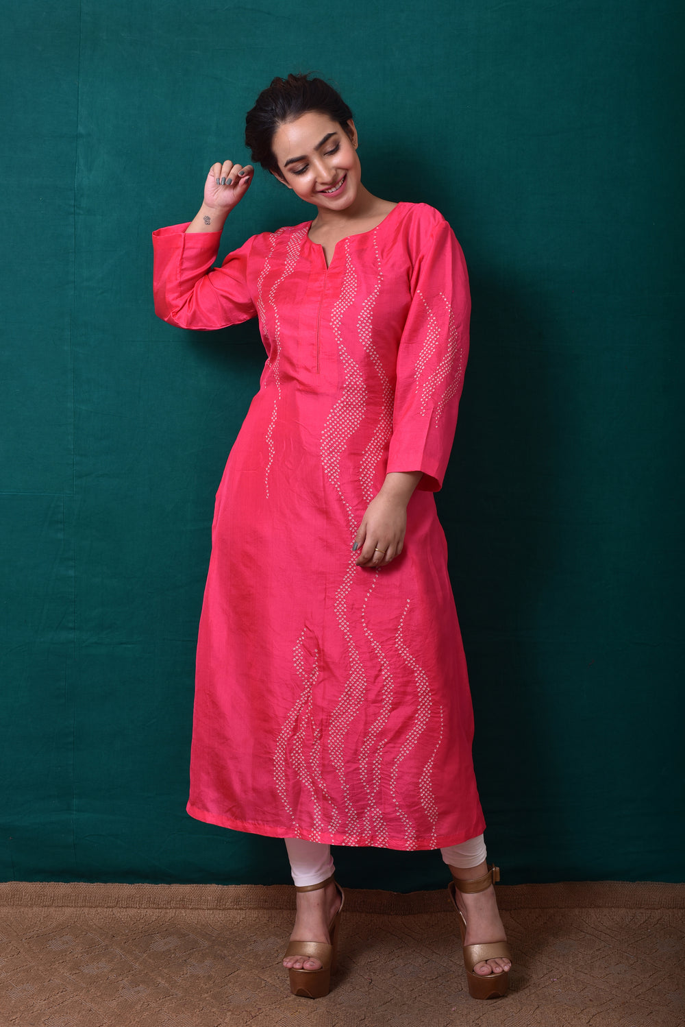 Waves Design Bandhani Kurta on Pure Silk in Pink