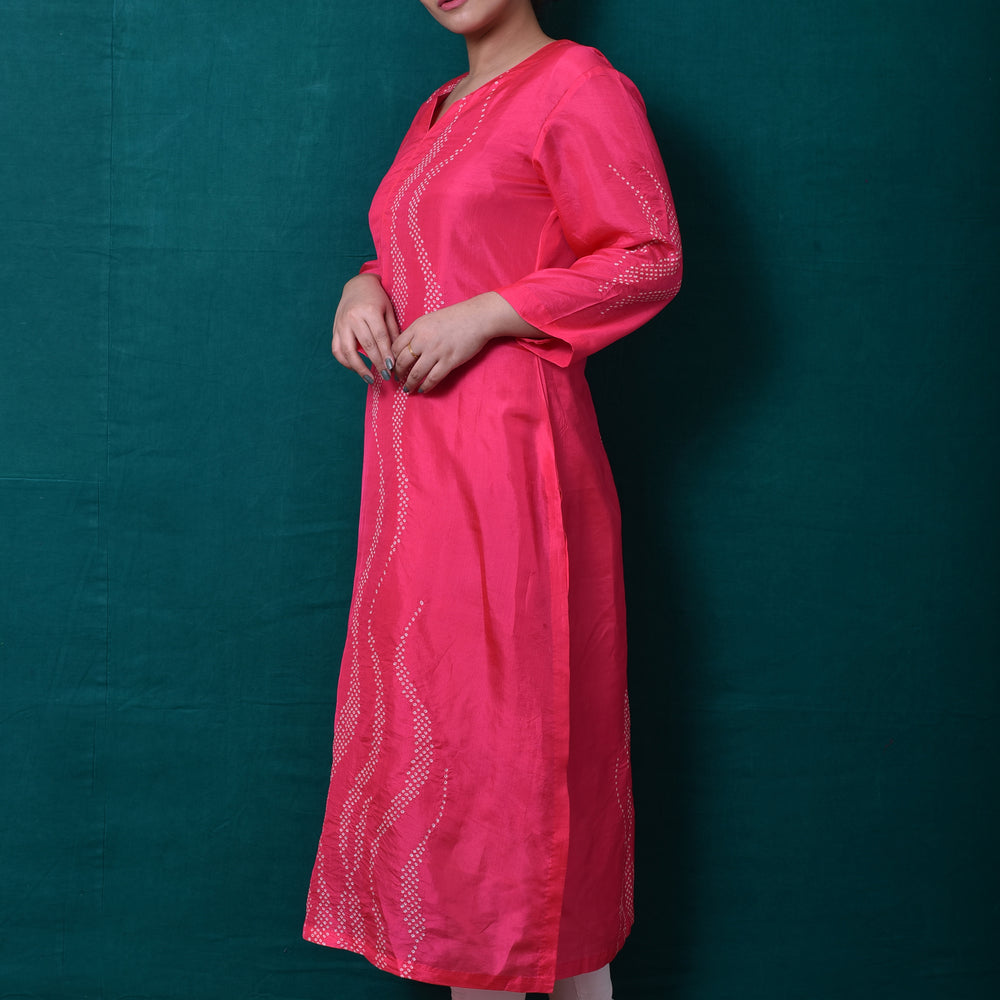 Waves Design Bandhani Kurta on Pure Silk in Pink