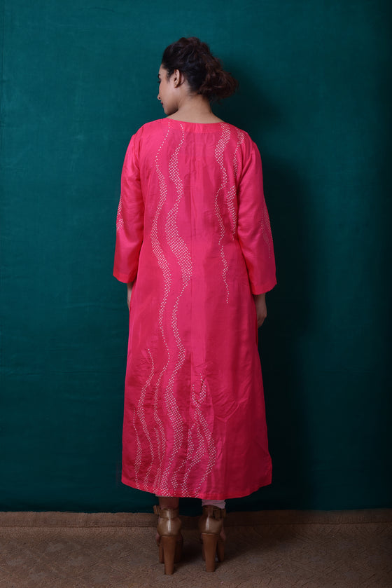 Waves Design Bandhani Kurta on Pure Silk in Pink