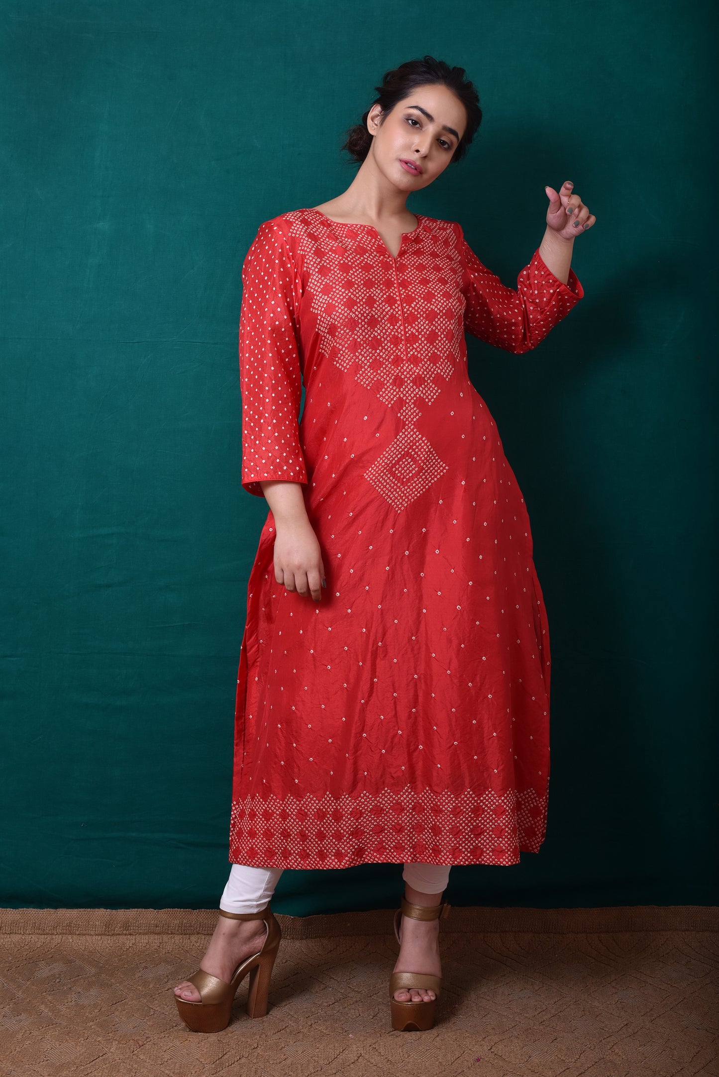 Red Bandhani Kurta in Pure Silk