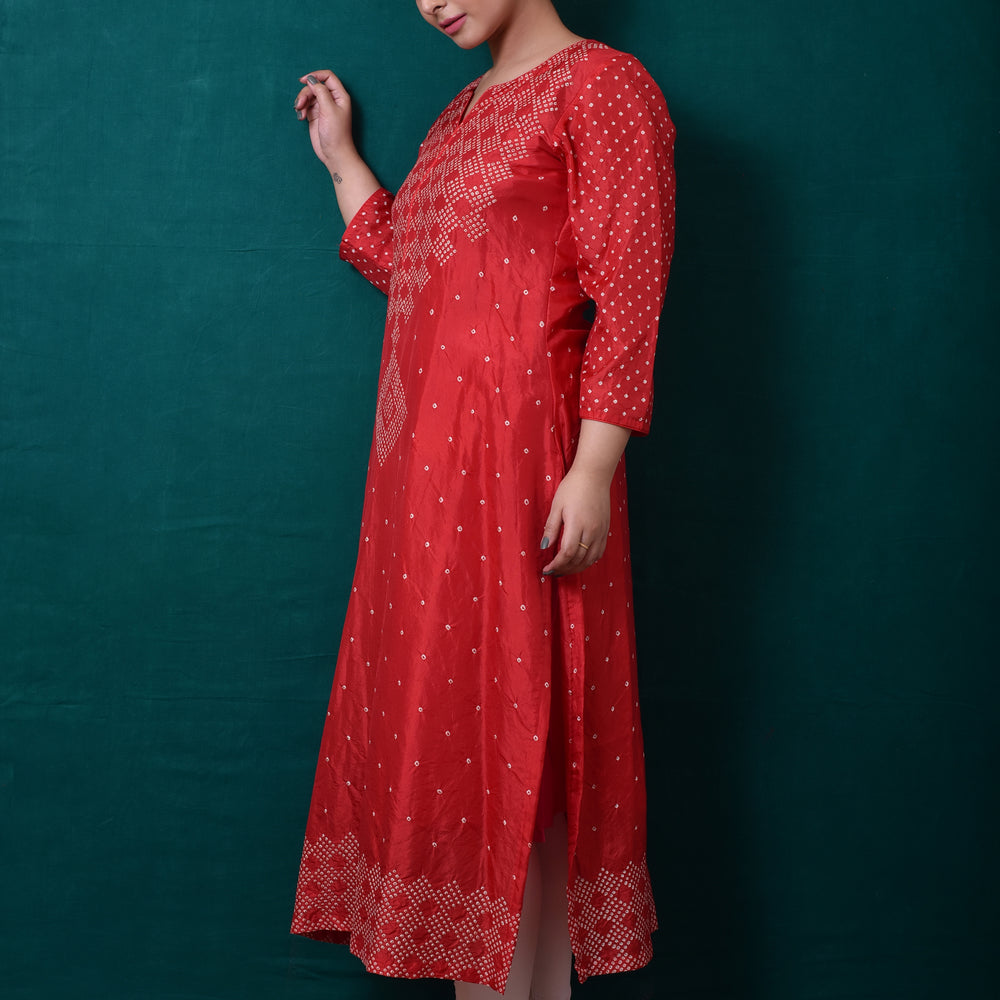 Red Bandhani Kurta in Pure Silk