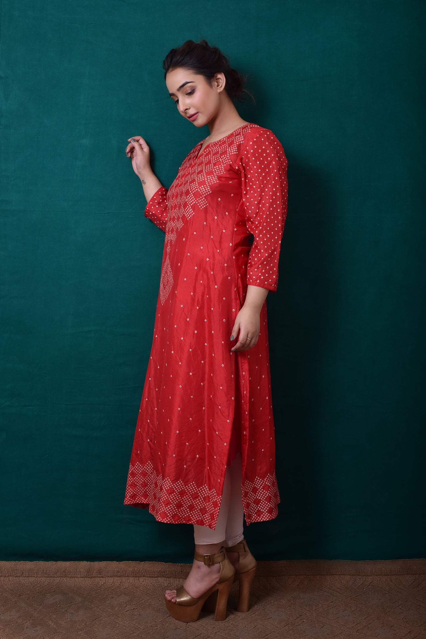 Red Bandhani Kurta in Pure Silk