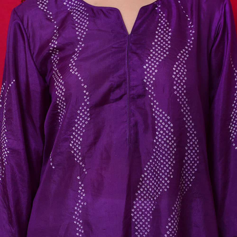 
                      
                        Waves Design Bandhani Pure Silk Kurta in Purple
                      
                    