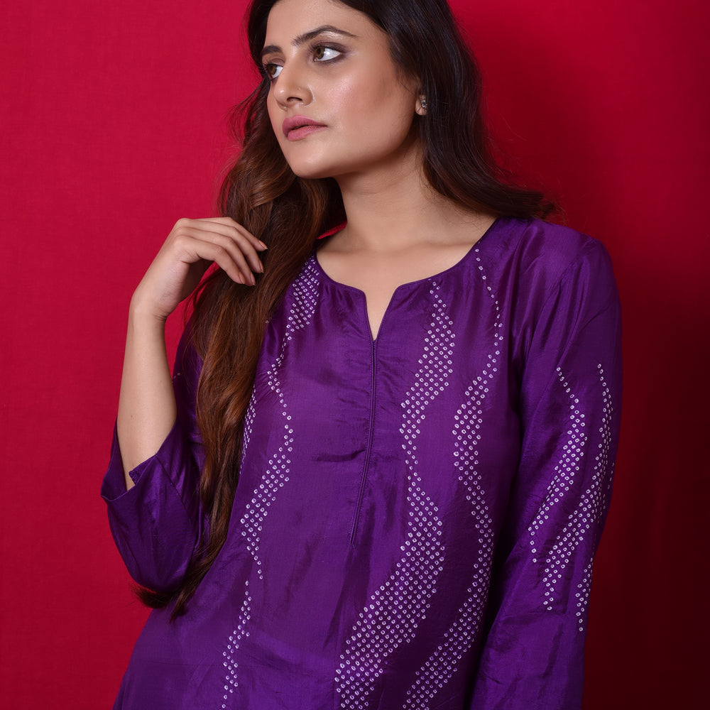 
                      
                        Waves Design Bandhani Pure Silk Kurta in Purple
                      
                    