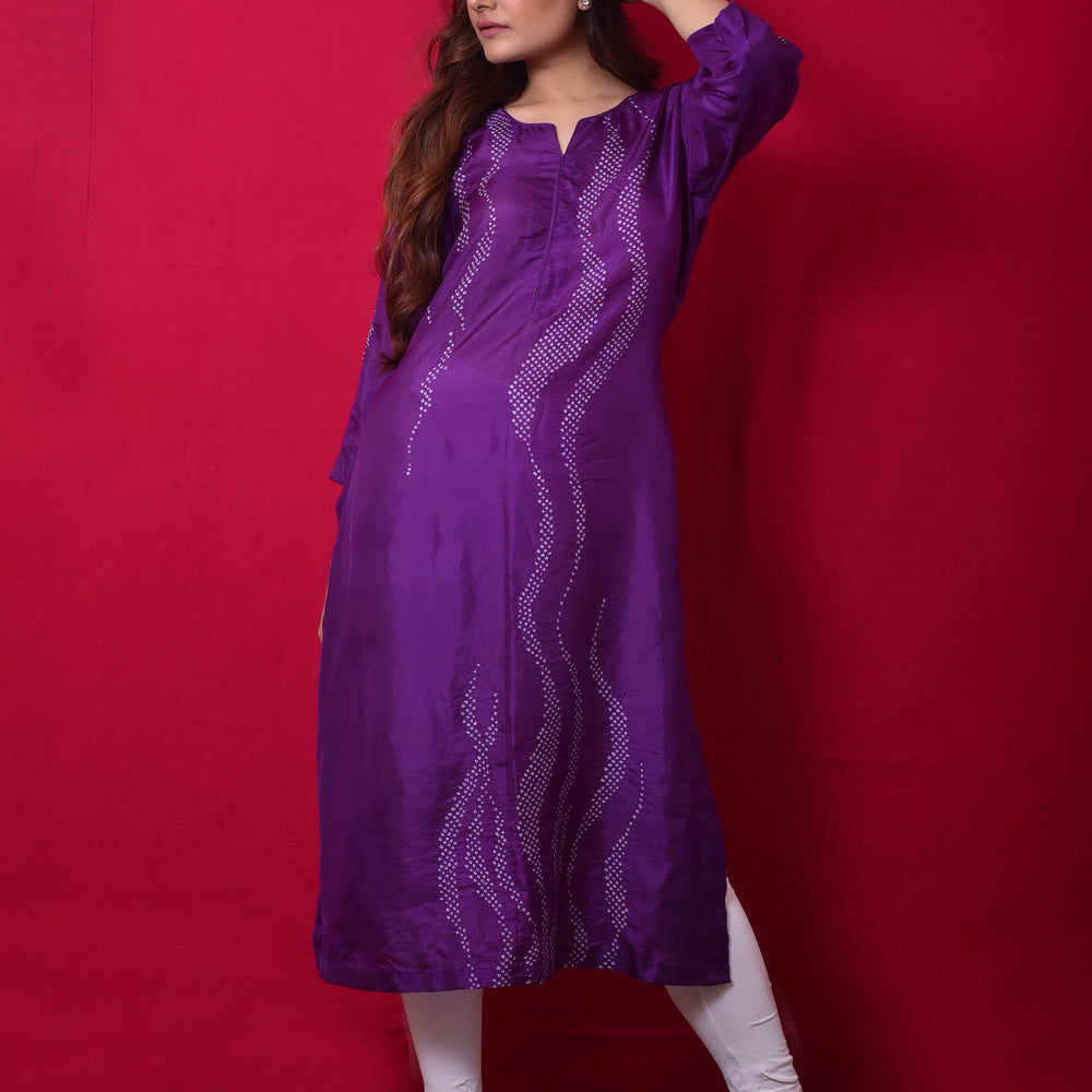 
                      
                        Waves Design Bandhani Pure Silk Kurta in Purple
                      
                    