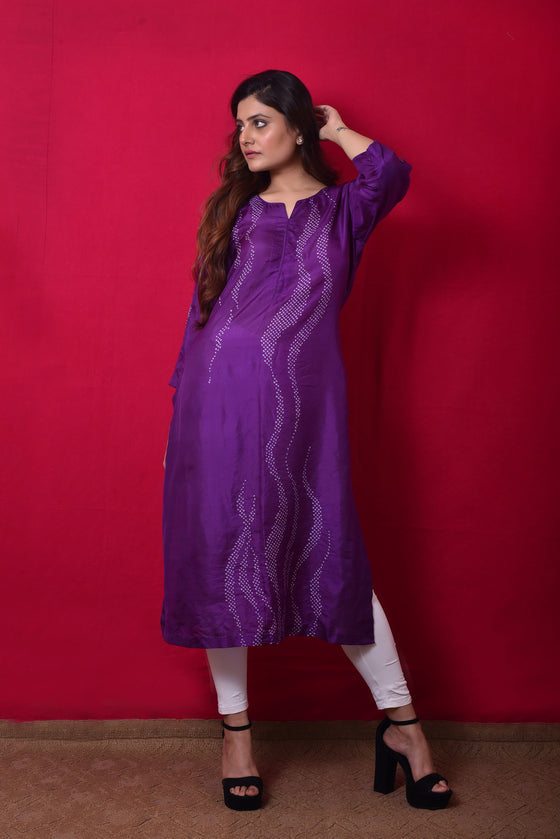 Purple Color Latest Roman Silk Kurti With Pant abric ::Roman Silk Work  ::Embroidery Inner :: Full Inner