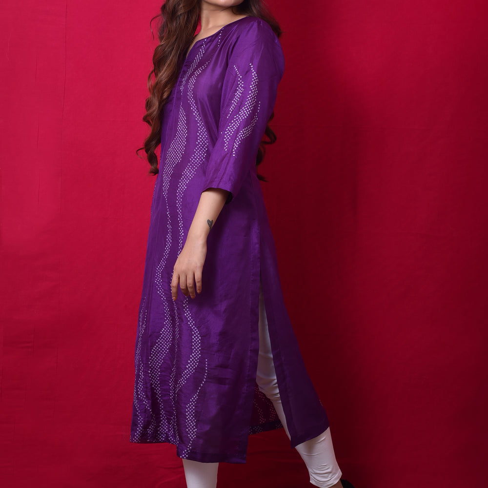 Waves Design Bandhani Pure Silk Kurta in Purple