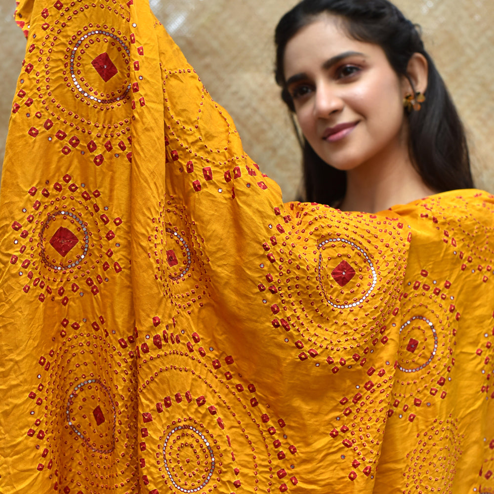 
                      
                        Haldi Bandhani on Gaji Silk Dupatta with Mirror Work
                      
                    