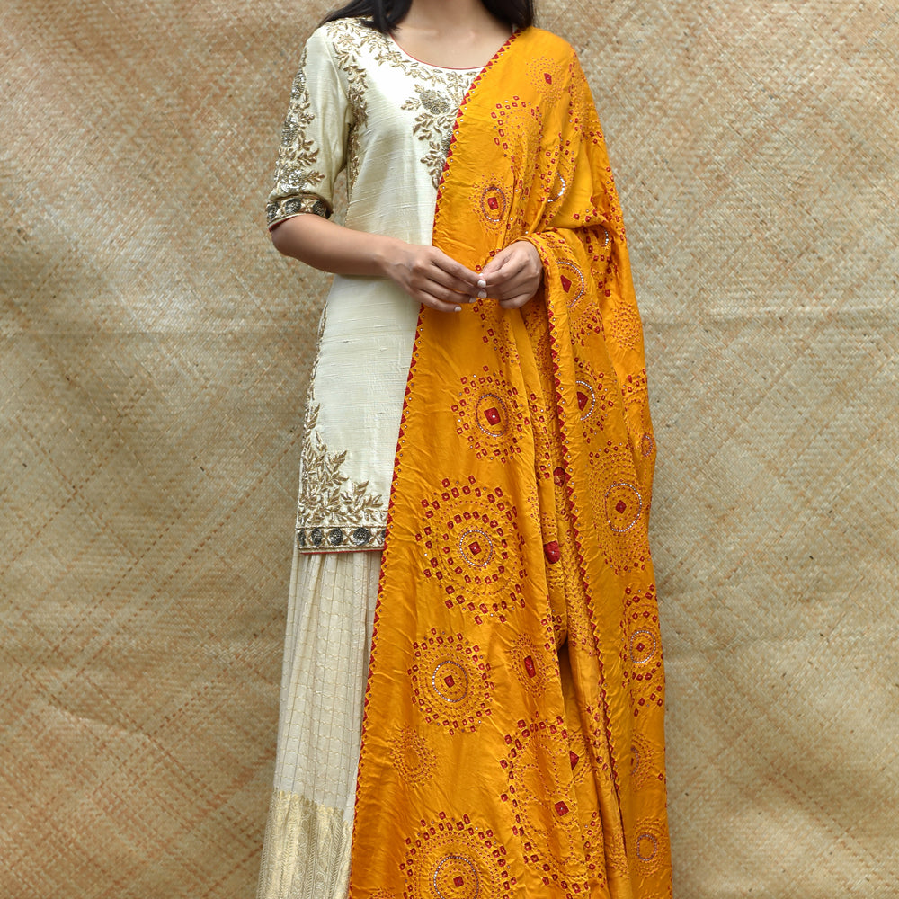 Haldi Bandhani on Gaji Silk Dupatta with Mirror Work