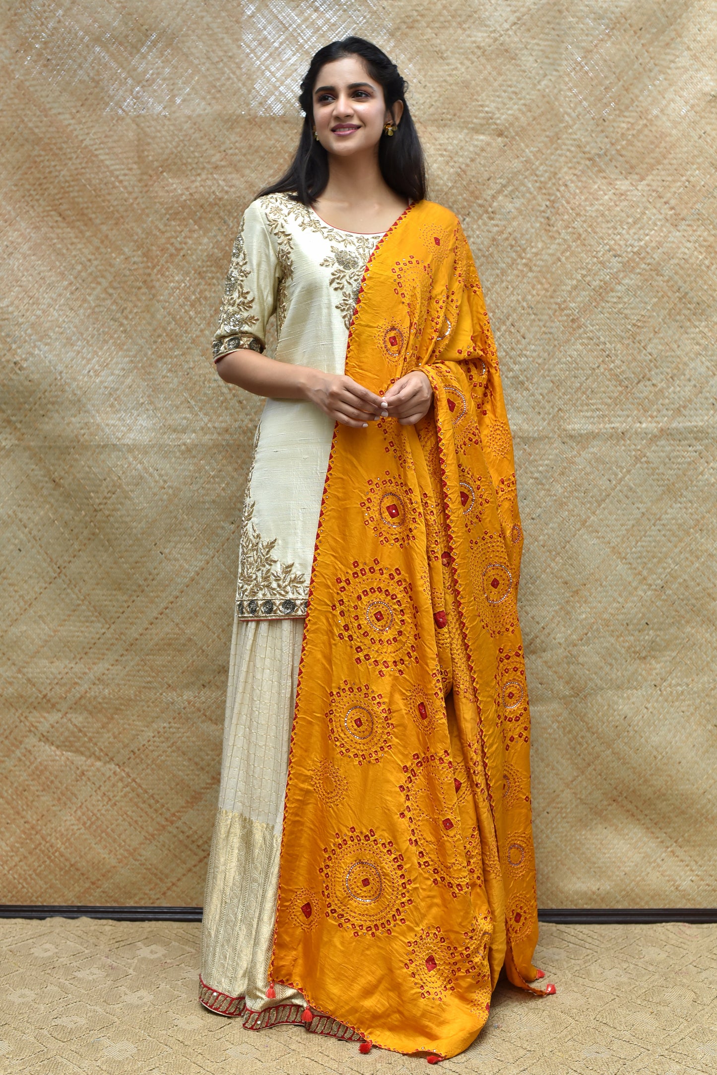 Haldi Bandhani on Gaji Silk Dupatta with Mirror Work