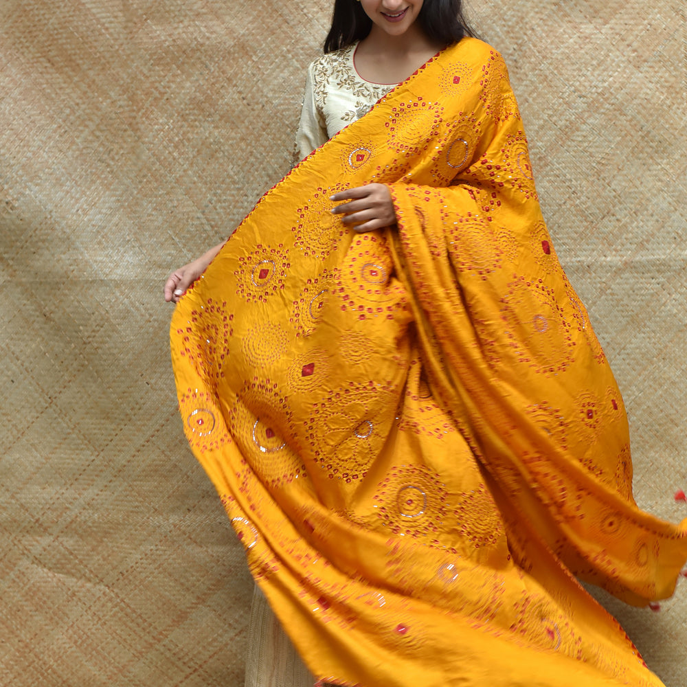 
                      
                        Haldi Bandhani on Gaji Silk Dupatta with Mirror Work
                      
                    