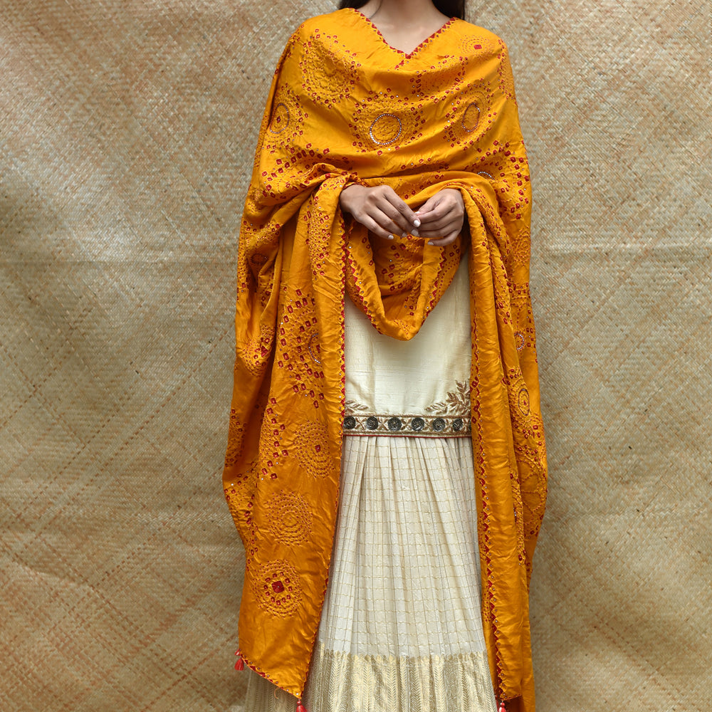 Haldi Bandhani on Gaji Silk Dupatta with Mirror Work