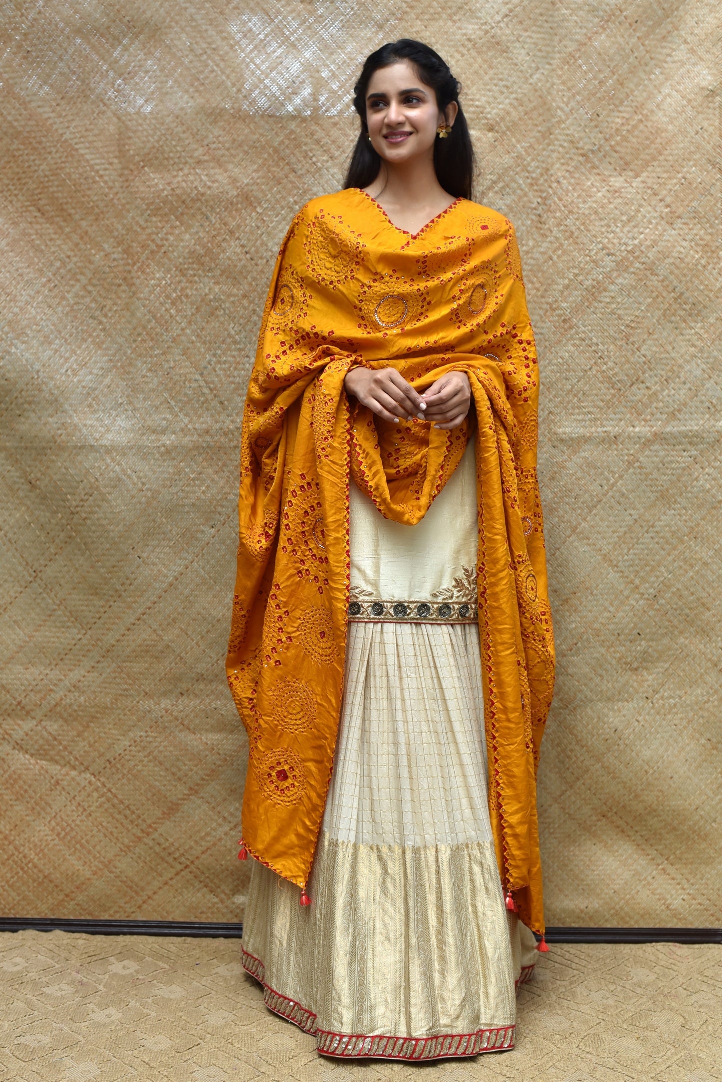 Haldi Bandhani on Gaji Silk Dupatta with Mirror Work