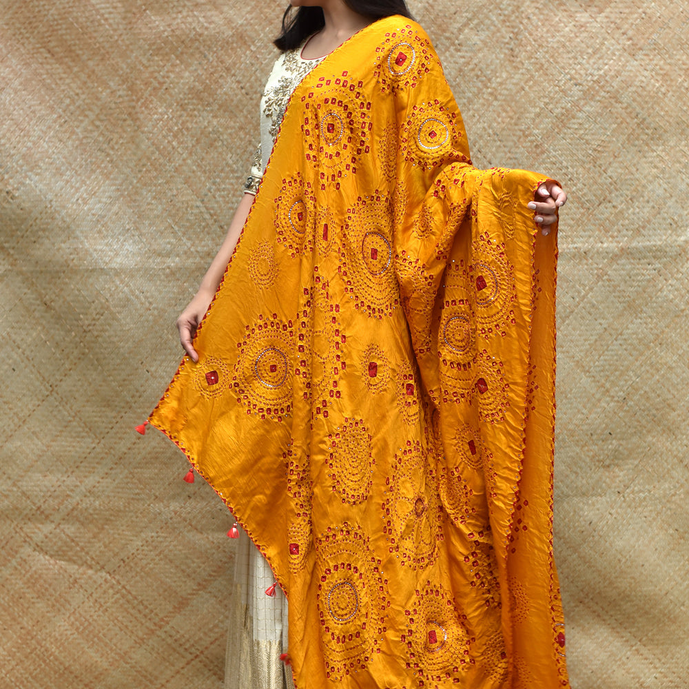 
                      
                        Haldi Bandhani on Gaji Silk Dupatta with Mirror Work
                      
                    