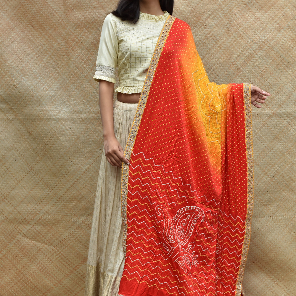 Bandhani on Gaji Silk Peeliya Dupatta with Zardozi