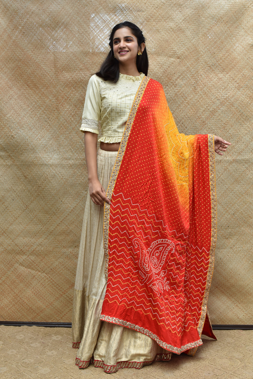 Bandhani on Gaji Silk Peeliya Dupatta with Zardozi