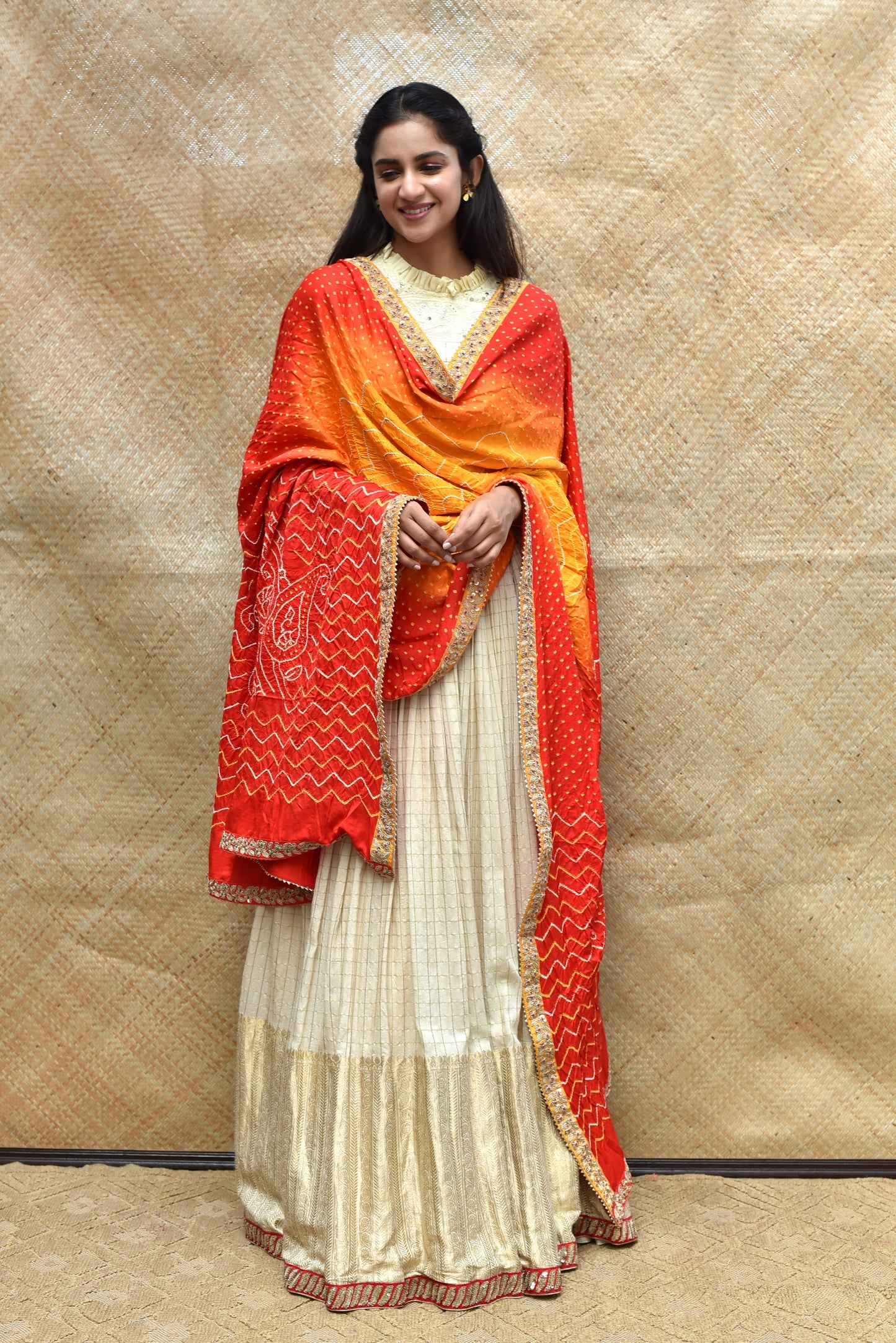 Bandhani on Gaji Silk Peeliya Dupatta with Zardozi